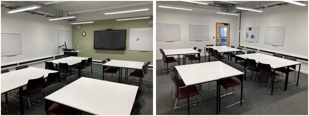 Classroom with groups of tables and chairs.